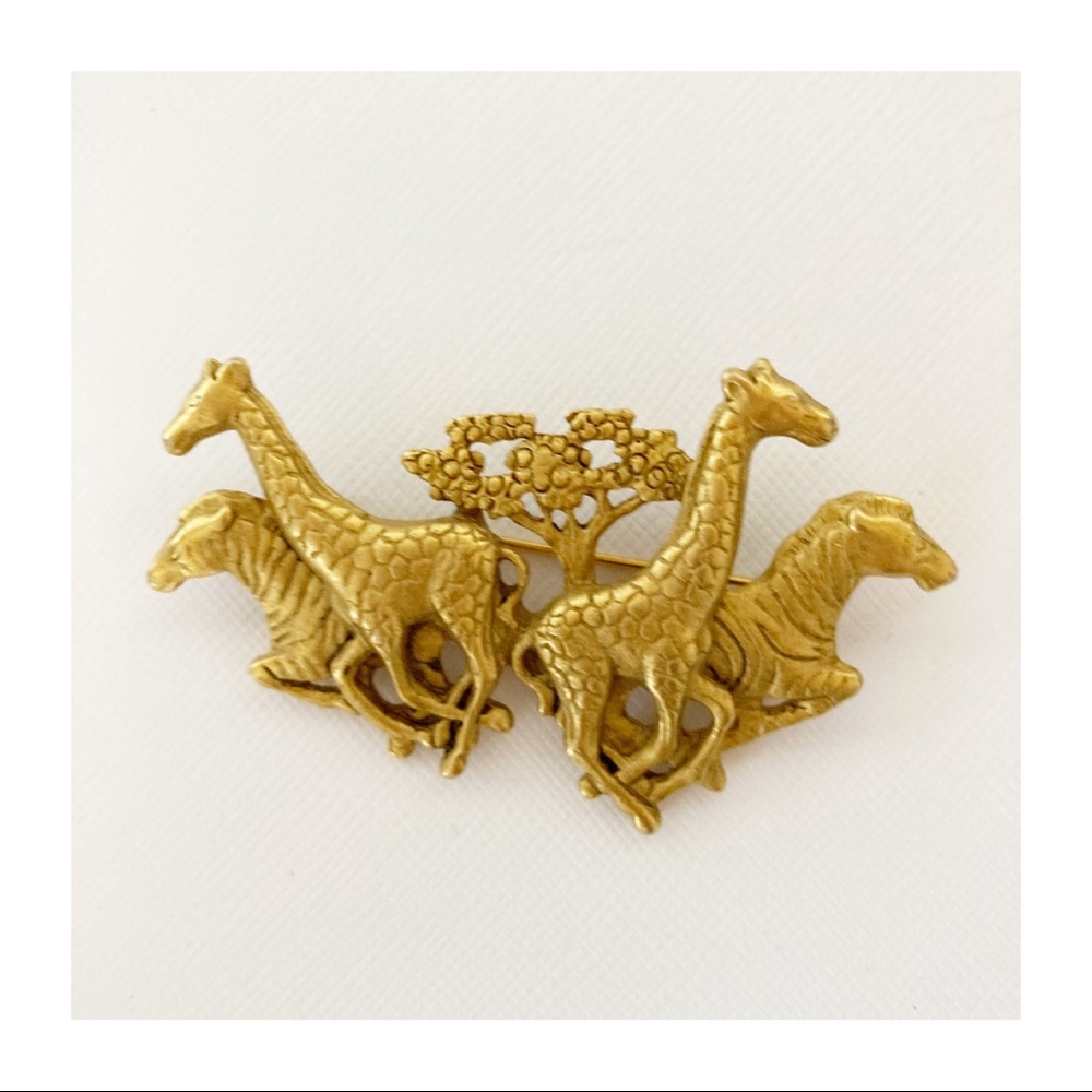 Gold AJC Signed Giraffes Zebras Brooch